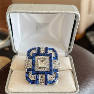 Art Deco Style Statement Ring – Faux Sapphire Blue & Clear Crystal Baguette